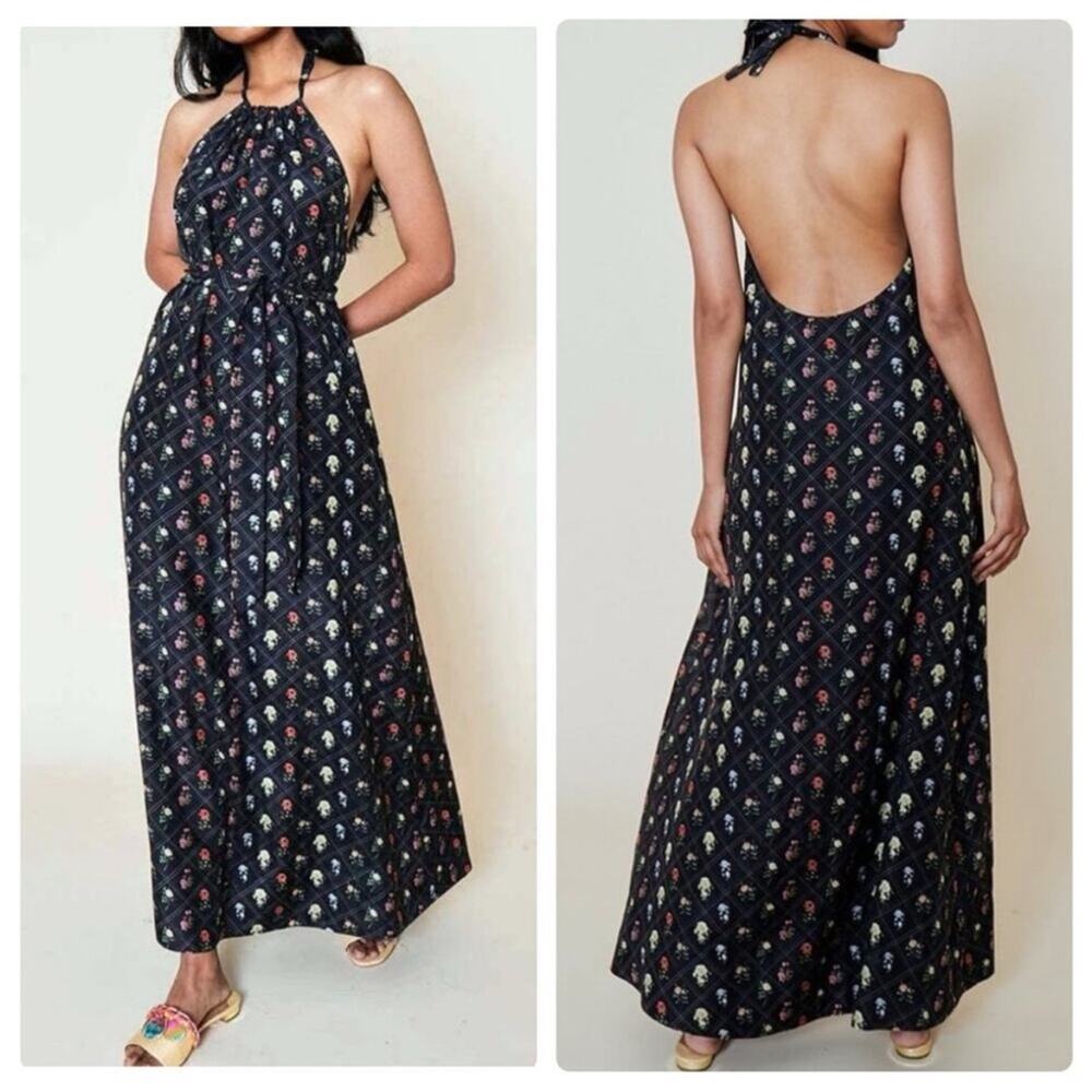 Rachel Antonoff Rainey‎ maxi dress Rose Grid print halter silk cotton XS